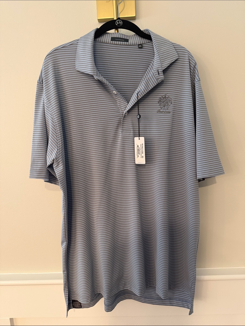 Men's Blue Striped Polo with Bedminster Crest Detail